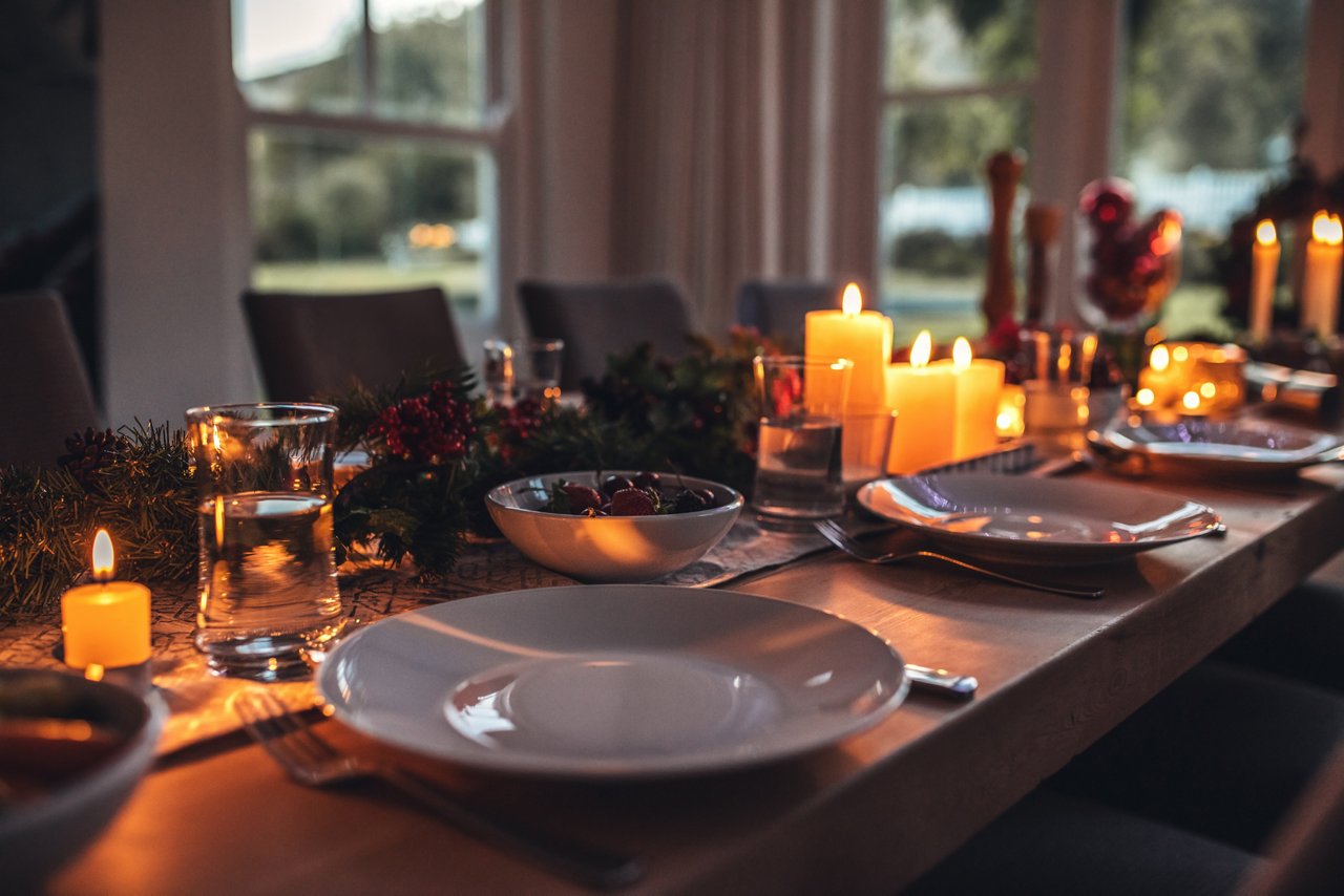 Plates at a holiday party table