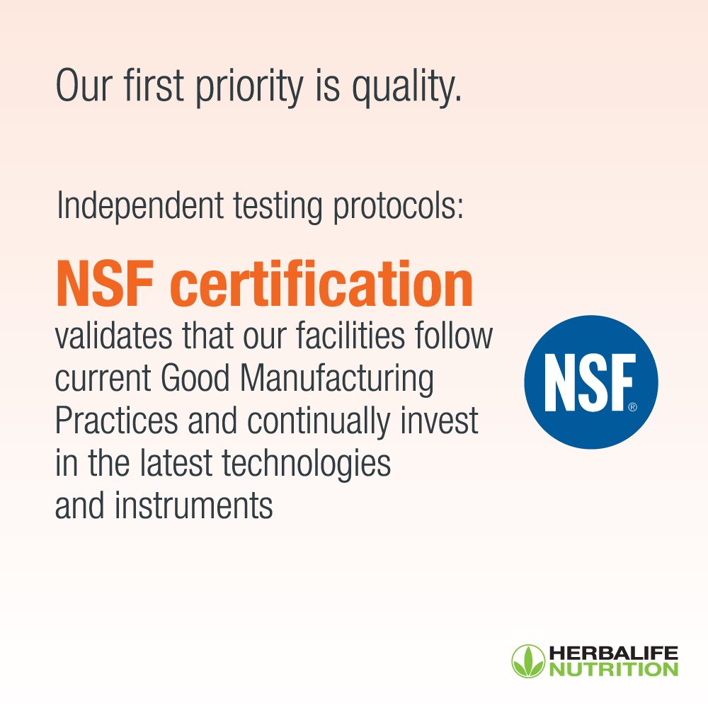 Hebalife Nutrition facilities maintain a National Sanitation Foundation certification which validates we follow Good Manufacturing Practices.